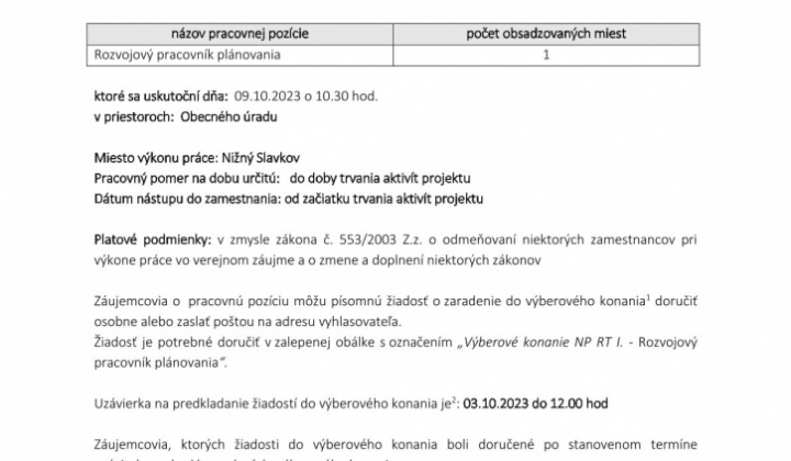 Aktuality / Výberové konanie obce Nižný Slavkov na pozíciu Rozvo