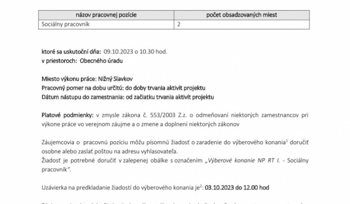 Aktuality / Výberové konanie obce Nižný Slavkov na pozíciu Rozvo